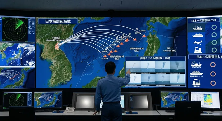 防衛監視ルームの大型スクリーンに表示された、北朝鮮・平壌周辺から日本海（EEZ周辺）へ発射された10発の弾道ミサイル飛行軌跡と着水画像を分析する制服姿の担当者