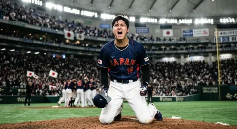 WBCで勝利し、満員のスタジアムのマウンド上で両膝をついて天を仰ぎ、力強く雄叫びを上げる侍ジャパンの大谷翔平選手