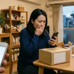 暖色系の照明に照らされた日本の賃貸マンションのリビングルームで、口元を片手で押さえ、呆然とした表情でスマートフォンを見つめるアジア人女性(30代)。木製テーブルの上には、宛名ラベルの貼られた段ボール箱や複数の封筒、マグカップが置かれており、これらに関連する、スマートフォン上に表示された予期せぬ衝撃的な情報(メール、ニュース、請求など)を確認した様子。画像の左下前景には、別の人物の手が持つ白いスマートフォンの画面が配置され、その様子を観察しているような、緊張感のある遠近法を用いた構図。