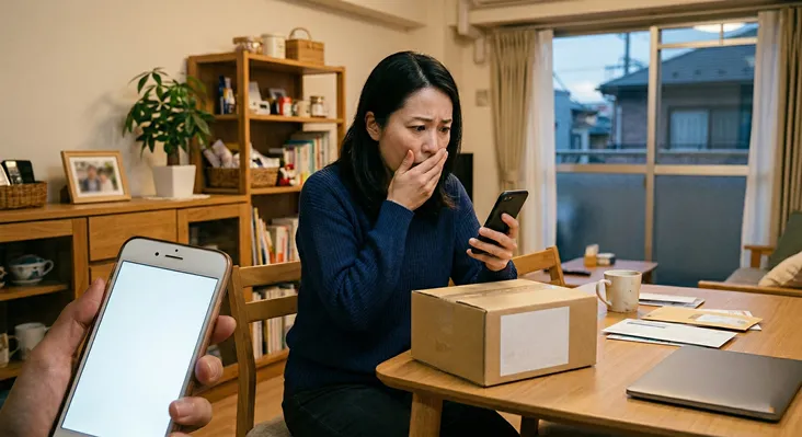 暖色系の照明に照らされた日本の賃貸マンションのリビングルームで、口元を片手で押さえ、呆然とした表情でスマートフォンを見つめるアジア人女性（30代）。木製テーブルの上には、宛名ラベルの貼られた段ボール箱や複数の封筒、マグカップが置かれており、これらに関連する、スマートフォン上に表示された予期せぬ衝撃的な情報（メール、ニュース、請求など）を確認した様子。画像の左下前景には、別の人物の手が持つ白いスマートフォンの画面が配置され、その様子を観察しているような、緊張感のある遠近法を用いた構図。