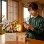 東京タワーの絶景を楽しめる高級和風ホテルの客室にて、洗練された深緑色の絹のドレスを纏った女性が、スマートフォンを見つめながら微笑んでいる。手前の木のテーブルには、桜、カーネーション、蘭をあしらった和風の花束、「御様」宛の歓迎とお祝いの手紙、そして「祝」と刻印された枡が並び、特別な滞在であることを示している。背景には伝統的な障子があり、窓の外には夕暮れの東京のスカイラインと、ライトアップされた東京タワーが美しく映える、日本旅行のプレミアムな体験を捉えた一枚。