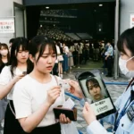 STARTO ENTERTAINMENTのイベント入場口で、警備員がタブレット端末と身分証明書を用いて女性客の厳格な本人確認を行っている様子。背景には転売禁止の看板と入場待機列が見えます。