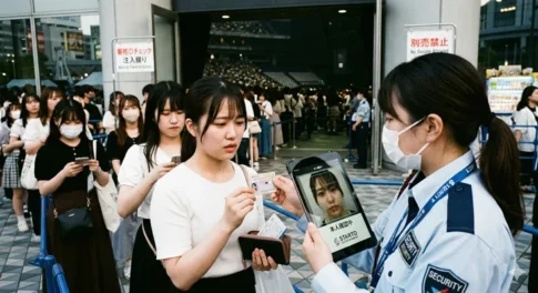 STARTO ENTERTAINMENTのイベント入場口で、警備員がタブレット端末と身分証明書を用いて女性客の厳格な本人確認を行っている様子。背景には転売禁止の看板と入場待機列が見えます。