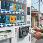 2026年のtaspo終了に伴い、タバコ自動販売機でマイナンバーカードや運転免許証を使い成人識別を行う様子。タスポ利用不可を示す掲示と、カードをかざしてセブンスターを購入する男性のイメージ。
