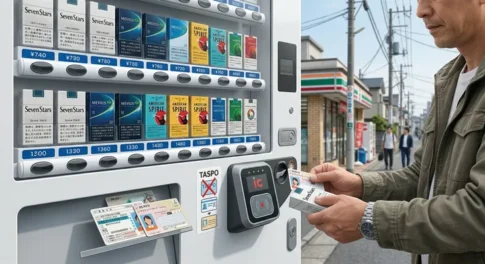 2026年のtaspo終了に伴い、タバコ自動販売機でマイナンバーカードや運転免許証を使い成人識別を行う様子。タスポ利用不可を示す掲示と、カードをかざしてセブンスターを購入する男性のイメージ。