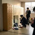 卒業式当日の学校で発生した窃盗事件の現場検証。散乱した荷物の前で無施錠のロッカーを調べる警察官と、花束を抱えてうつむく女子生徒