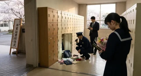 卒業式当日の学校で発生した窃盗事件の現場検証。散乱した荷物の前で無施錠のロッカーを調べる警察官と、花束を抱えてうつむく女子生徒