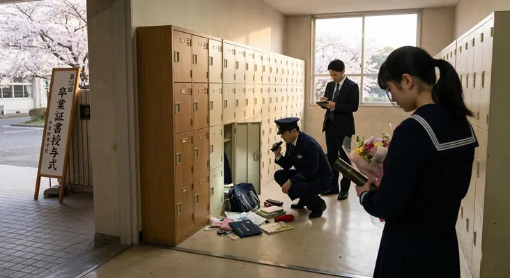 卒業式当日の学校で発生した窃盗事件の現場検証。散乱した荷物の前で無施錠のロッカーを調べる警察官と、花束を抱えてうつむく女子生徒
