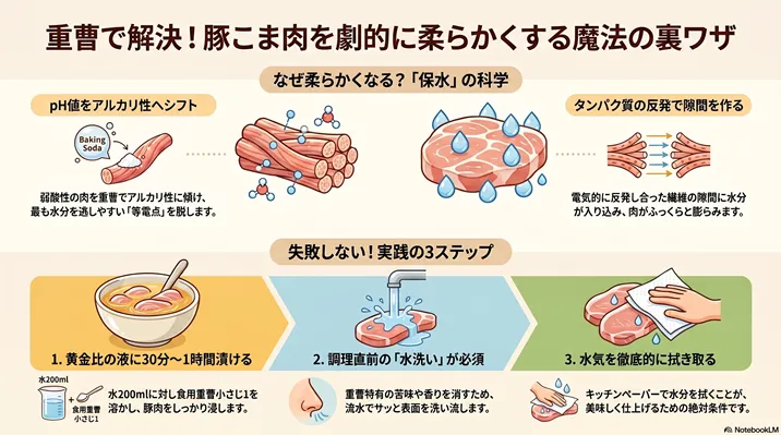 重曹で豚こま肉を劇的に柔らかくする裏ワザの解説図解。pH値を調整して保水力を高める科学的根拠(メカニズム)と、黄金比の液(水200ml・重曹小さじ1)への漬け置き、水洗い、拭き取りの失敗しない3ステップを紹介。