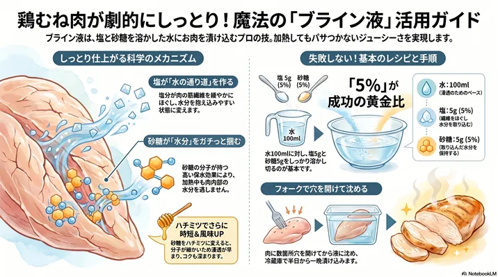 パサつく鶏むね肉を劇的にしっとりさせる「ブライン液」の活用ガイド。塩と砂糖で水分を保つ科学的メカニズムや、水100mlに対し塩・砂糖各5gの『5%の黄金比』レシピ、漬け込み手順をまとめた図解。