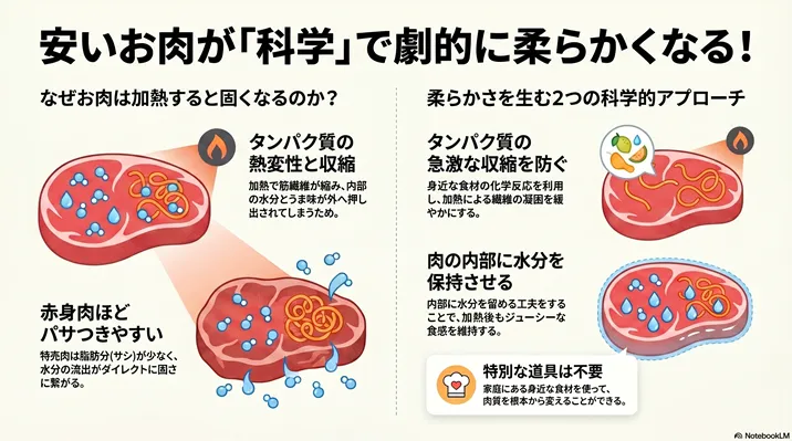 安いお肉を科学的に柔らかくする方法を解説した図解。加熱によるタンパク質の熱変性と収縮のメカニズム、水分保持と収縮防止という2つのアプローチで赤身肉をジューシーにする仕組みを説明。