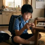 黒いランドセルを背負い、和室の畳の上に座ってスマートフォンを真剣に見つめる日本の小学生の男の子の日常を切り取った写真。水色のポロシャツ姿の男の子は、学校から帰宅したばかりで、スマホの画面に没頭している。周囲には、調理器具やコンロが見えるキッチン、家族写真や本棚が並ぶ棚、カレンダー、そしてローテーブルの上には新聞、湯呑み茶碗、リモコン、女性物のバッグといった生活用品が配置されており、生活感溢れる日本の家庭の風景が広がる。窓から差し込む自然光が柔らかい雰囲気を作り出している。床にはもう一つのランドセルも置かれている。デジタルデバイスに集中する子供と、伝統的な畳や和の要素が共存する、現代の日本社会における子供の暮らしを象徴的に描いている。