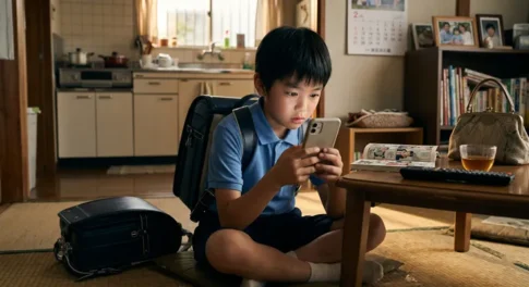 黒いランドセルを背負い、和室の畳の上に座ってスマートフォンを真剣に見つめる日本の小学生の男の子の日常を切り取った写真。水色のポロシャツ姿の男の子は、学校から帰宅したばかりで、スマホの画面に没頭している。周囲には、調理器具やコンロが見えるキッチン、家族写真や本棚が並ぶ棚、カレンダー、そしてローテーブルの上には新聞、湯呑み茶碗、リモコン、女性物のバッグといった生活用品が配置されており、生活感溢れる日本の家庭の風景が広がる。窓から差し込む自然光が柔らかい雰囲気を作り出している。床にはもう一つのランドセルも置かれている。デジタルデバイスに集中する子供と、伝統的な畳や和の要素が共存する、現代の日本社会における子供の暮らしを象徴的に描いている。