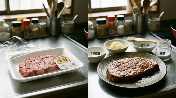 スーパーの特売ステーキ肉を重曹や料理酒などの裏ワザで柔らかくする下ごしらえの比較