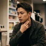 レザーソファに座り、カーキ色のジャケットと黒Tシャツを着用した若い日本人男性の思索的なポートレート。顎に右手を当て、真剣で深く考え込んでいるような、または憂鬱な表情を浮かべている。背景は活動的な制作スタジオまたはコワーキングスペースのような屋内のシーン。壁には日本語で「アルジャーノンに花束を」と書かれた舞台または映画のポスターが掲示されており、その下にはペットボトルの水が置かれている。さらに、自動販売機、ラックに掛けられた服、そして働く他の人々の姿が背景にぼんやりと見え、リアルな制作現場の雰囲気を伝えている。俳優のポートレートやキャラクターのスチール写真としても機能する、自然光による中距離ショット。