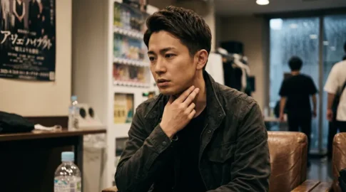 レザーソファに座り、カーキ色のジャケットと黒Tシャツを着用した若い日本人男性の思索的なポートレート。顎に右手を当て、真剣で深く考え込んでいるような、または憂鬱な表情を浮かべている。背景は活動的な制作スタジオまたはコワーキングスペースのような屋内のシーン。壁には日本語で「アルジャーノンに花束を」と書かれた舞台または映画のポスターが掲示されており、その下にはペットボトルの水が置かれている。さらに、自動販売機、ラックに掛けられた服、そして働く他の人々の姿が背景にぼんやりと見え、リアルな制作現場の雰囲気を伝えている。俳優のポートレートやキャラクターのスチール写真としても機能する、自然光による中距離ショット。