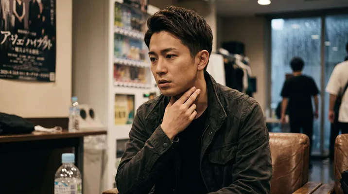 レザーソファに座り、カーキ色のジャケットと黒Tシャツを着用した若い日本人男性の思索的なポートレート。顎に右手を当て、真剣で深く考え込んでいるような、または憂鬱な表情を浮かべている。背景は活動的な制作スタジオまたはコワーキングスペースのような屋内のシーン。壁には日本語で「アルジャーノンに花束を」と書かれた舞台または映画のポスターが掲示されており、その下にはペットボトルの水が置かれている。さらに、自動販売機、ラックに掛けられた服、そして働く他の人々の姿が背景にぼんやりと見え、リアルな制作現場の雰囲気を伝えている。俳優のポートレートやキャラクターのスチール写真としても機能する、自然光による中距離ショット。