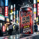 夜の日本のネオン街を背景に、水しぶきが舞う「ギルティ炭酸 NOPE(ノープ)」の缶。ラベルには「やみつき味」「超刺激」「話題沸騰中」の文字が躍り、シズル感のある冷えた炭酸飲料のパッケージデザイン。