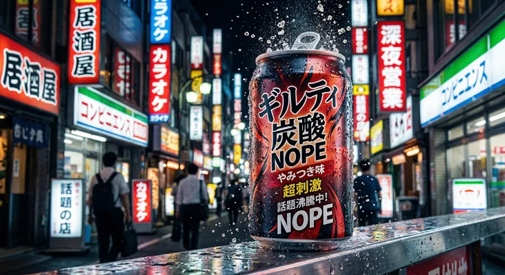 夜の日本のネオン街を背景に、水しぶきが舞う「ギルティ炭酸 NOPE(ノープ)」の缶。ラベルには「やみつき味」「超刺激」「話題沸騰中」の文字が躍り、シズル感のある冷えた炭酸飲料のパッケージデザイン。
