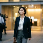 広末涼子の芸能界復帰と今後の活動を分析。紺のスーツ姿で凛とした表情を見せ、都心のビル前を歩く広末涼子のイメージ。活動再開や独立後の動向に関する解説記事用。