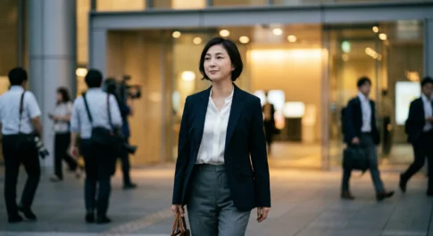 広末涼子の芸能界復帰と今後の活動を分析。紺のスーツ姿で凛とした表情を見せ、都心のビル前を歩く広末涼子のイメージ。活動再開や独立後の動向に関する解説記事用。