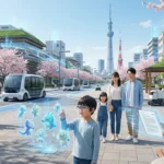 満開の桜が咲く日本のスマートシティで、マイクロソフトのAI投資がもたらす未来の生活を描いたイラスト。自動運転シャトルや配送ロボットが走り、ARグラスでホログラムと遊ぶ子供や、デジタルデバイスを活用する高齢者など、全世代がAI技術と共生する東京(スカイツリーと東京タワーが見える街並み)の風景。