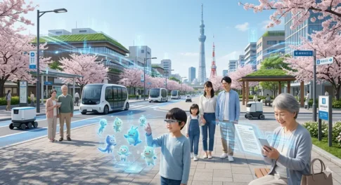 満開の桜が咲く日本のスマートシティで、マイクロソフトのAI投資がもたらす未来の生活を描いたイラスト。自動運転シャトルや配送ロボットが走り、ARグラスでホログラムと遊ぶ子供や、デジタルデバイスを活用する高齢者など、全世代がAI技術と共生する東京(スカイツリーと東京タワーが見える街並み)の風景。