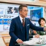朝のニュースショーのスタジオで解説を行う男性コメンテーター。背景の大型モニターには経済グラフが表示され、テレビ番組の報道・収録現場を象徴する風景。