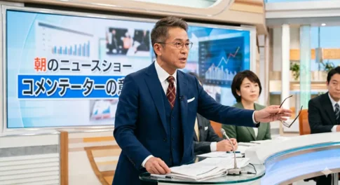 朝のニュースショーのスタジオで解説を行う男性コメンテーター。背景の大型モニターには経済グラフが表示され、テレビ番組の報道・収録現場を象徴する風景。