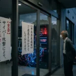 サイバー攻撃により休診となった市立奈良病院の入り口。ガラスドアに貼られた「本日は休診いたします」という張り紙を不安そうに見つめる患者たちと、奥に見えるシステム障害を起こしたサーバー。背景には奈良を象徴する鹿の姿も確認できる。