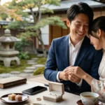 日本庭園を望む伝統的な和室で、和装(着物)の女性とスーツの男性のカップルが寄り添い、幸せそうに微笑む親密なシーン。男性が女性の手を優しく握り、新しくはめられた結婚指輪を見せている。手前のちゃぶ台(和テーブル)には、オープンな結婚指輪のケース、お茶(湯呑みと急須)、和菓子、古本、スマートフォンが置かれている。背景には、石灯籠、苔、飛び石、楓の木々のある美しい日本庭園が広がり、夕暮れの柔らかく温かい光が差し込んでいる。和の伝統美と現代の幸せな結婚を象徴するプレミアムな婚約写真。