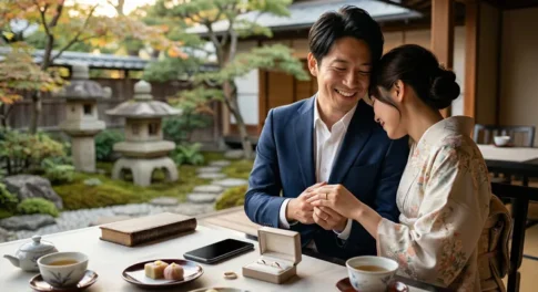 日本庭園を望む伝統的な和室で、和装(着物)の女性とスーツの男性のカップルが寄り添い、幸せそうに微笑む親密なシーン。男性が女性の手を優しく握り、新しくはめられた結婚指輪を見せている。手前のちゃぶ台(和テーブル)には、オープンな結婚指輪のケース、お茶(湯呑みと急須)、和菓子、古本、スマートフォンが置かれている。背景には、石灯籠、苔、飛び石、楓の木々のある美しい日本庭園が広がり、夕暮れの柔らかく温かい光が差し込んでいる。和の伝統美と現代の幸せな結婚を象徴するプレミアムな婚約写真。