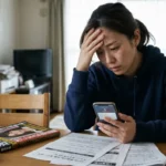 自宅のダイニングテーブルで、日本人女性が額に手を当て、悩ましげな表情でスマートフォンの画面を凝視している様子。テーブルには、日本語の書類(請求書や通知のように見える)、コンビニのお弁当、雑誌、マグカップが置かれている。窓から自然光が差し込む、生活感のあるリビングルームを背景にした、女性が抱える問題や不安を伝える写真。