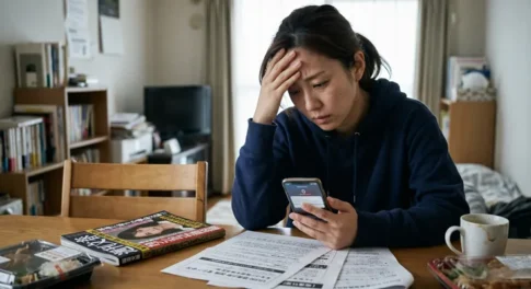 自宅のダイニングテーブルで、日本人女性が額に手を当て、悩ましげな表情でスマートフォンの画面を凝視している様子。テーブルには、日本語の書類(請求書や通知のように見える)、コンビニのお弁当、雑誌、マグカップが置かれている。窓から自然光が差し込む、生活感のあるリビングルームを背景にした、女性が抱える問題や不安を伝える写真。