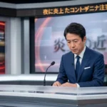 日本のニューススタジオで、紺色のスーツを着用した男性アナウンサーが、ニュースデスクに座り、深刻で沈痛な表情で手元を見つめている様子。彼の後ろの大型モニターには「炎上」の大きな文字と、「夜に炎上したコンドミニアム…」と不祥事に関するテロップが表示されており、重大なニュースを伝えている、あるいは彼自身が何らかの謝罪をしているかのような、深く思い悩む姿が捉えられている。左側のモニターには複数のニュース記事が並んでおり、メディアの報道の最前線にあることを示している。