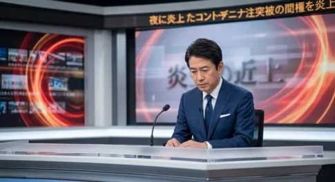 日本のニューススタジオで、紺色のスーツを着用した男性アナウンサーが、ニュースデスクに座り、深刻で沈痛な表情で手元を見つめている様子。彼の後ろの大型モニターには「炎上」の大きな文字と、「夜に炎上したコンドミニアム…」と不祥事に関するテロップが表示されており、重大なニュースを伝えている、あるいは彼自身が何らかの謝罪をしているかのような、深く思い悩む姿が捉えられている。左側のモニターには複数のニュース記事が並んでおり、メディアの報道の最前線にあることを示している。