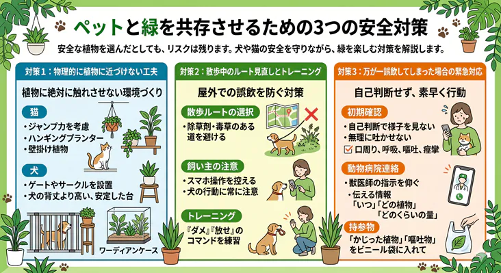 犬や猫などのペットと観葉植物を安全に共存させるための3つの対策(物理的な隔離、散歩中の誤飲防止、緊急時の対応)をまとめた図解
