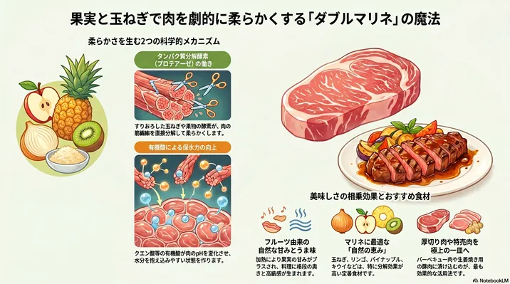 果実(リンゴ、パイナップル、キウイ)と玉ねぎを使った「ダブルマリネ」で肉を劇的に柔らかくする科学的メカニズムの図解。酵素(プロテアーゼ)によるタンパク質の分解と、有機酸による保水力の向上の2つの働きや、厚切り肉を美味しくする相乗効果を解説しています。