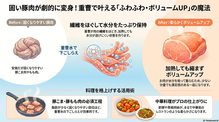 重曹水の下ごしらえで固い豚肉を柔らかくボリュームアップさせるメカニズムの図解。肉の繊維をほぐして水分を保持する仕組みや、豚こま肉・もも肉を使った酢豚・青椒肉絲などの本格中華料理への活用術を解説しています。
