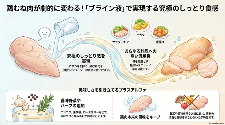 パサつく鶏むね肉を究極のしっとり食感に変えるブライン液の効果と図解。サラダチキンや唐揚げへの高い汎用性と、ハーブや香味野菜を追加して風味を引き立てるメリットを解説しています。