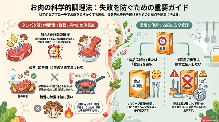 お肉の科学的調理法で失敗を防ぐための重要ガイド。舞茸や果物のタンパク質分解酵素の注意点(漬け込み時間や加熱前の使用)と、肉を柔らかくする際の重曹の安全な選び方(食用と掃除用の違い)を解説したインフォグラフィック。
