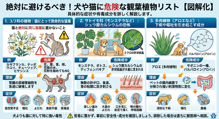 「絶対に避けるべき犬や猫に危険な観葉植物リストの図解。猫に致命的な猛毒となるユリ科、シュウ酸カルシウムを含むモンステラなどのサトイモ科、嘔吐を引き起こすアロエ等の多肉植物について、ペットへの症状と有毒成分を解説しています。」