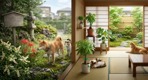 「庭のヒガンバナに近づく柴犬と、室内の観葉植物のそばで過ごす猫。ペットの身近に潜む危険な有毒植物」