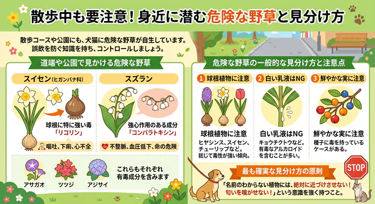 犬や猫の散歩中に注意すべき危険な野草(スイセン、スズラン等)の種類と、球根や白い乳液など有毒植物を見分ける3つのポイント、誤飲を防ぐための原則をまとめた図解