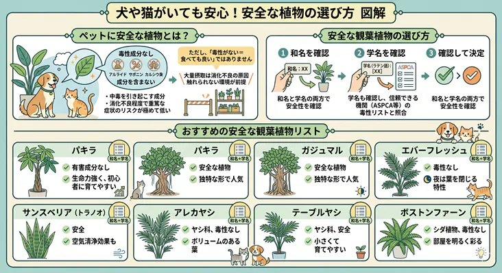 犬や猫などのペットに安全な観葉植物の選び方と、パキラやガジュマルなどのおすすめ無毒植物リストの図解