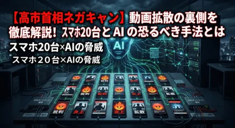高市首相のネガキャン動画拡散の裏側を解説するサムネイル画像。AIとスマホ20台を繋いだSNSボットネットによる、批判や炎上を狙った情報操作の脅威をサイバー空間の背景で表現しています。
