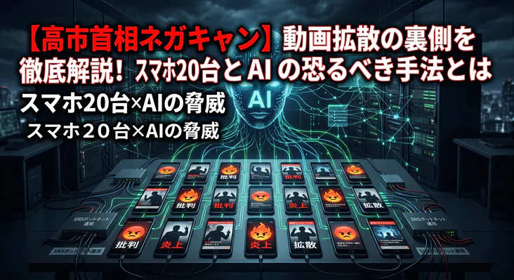 高市首相のネガキャン動画拡散の裏側を解説するサムネイル画像。AIとスマホ20台を繋いだSNSボットネットによる、批判や炎上を狙った情報操作の脅威をサイバー空間の背景で表現しています。