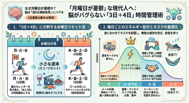 「月曜日が憂鬱」な人に向けた、脳の負荷を減らす「3日+4日」時間管理術の図解。週を月〜水と木〜日に分割し、水曜夜に「小さな週末(ミニ・リセット)」を挟む手法を解説。さらに、曜日ごとのエネルギーの波(月曜は準備、火・水曜午前は集中、木・金は調整、土日は休息)に合わせたタスクの最適化を提案しています。
