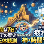 「なぜ1週間は7日なのか」をテーマに、古代バビロニアの天体観測の歴史と、現代の脳科学に基づく「疲れない神・時間管理術」を対比させた解説動画のサムネイル。左側に7つの天体とバビロニア人、右側にカレンダーと時計を持つ現代のビジネスパーソンが描かれています。