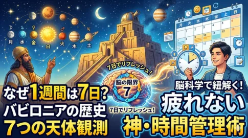 「なぜ1週間は7日なのか」をテーマに、古代バビロニアの天体観測の歴史と、現代の脳科学に基づく「疲れない神・時間管理術」を対比させた解説動画のサムネイル。左側に7つの天体とバビロニア人、右側にカレンダーと時計を持つ現代のビジネスパーソンが描かれています。